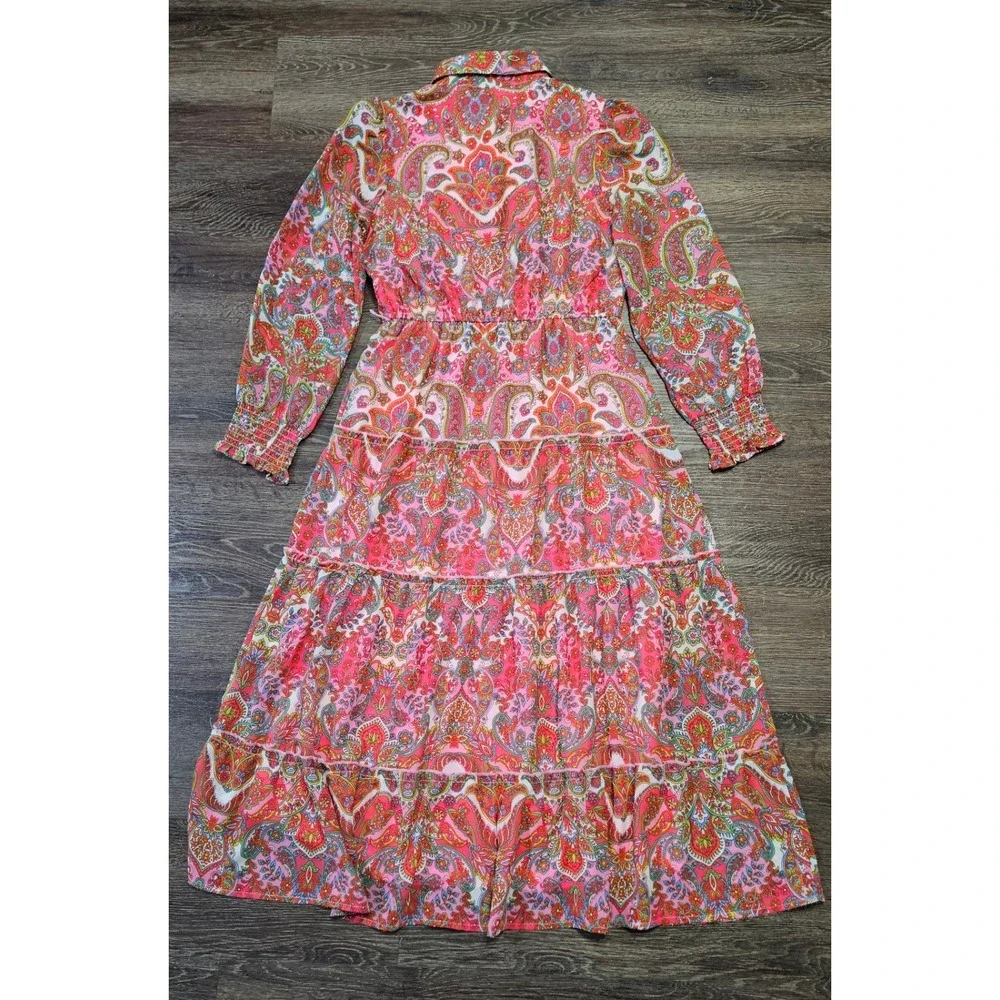 Harlow & Rose Pink Paisley Print Long-sleeve Midi Dress Size Medium Missing Belt - Picture 4 of 16